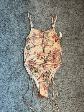 Floral Butterfly Lace-Up One-Piece Swimsuit in Peach
